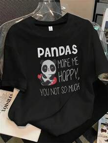 Camiseta de manga corta con cuello redondo y estampado de panda para mujer, ideal para todas las estaciones. - Negro - Ver 1