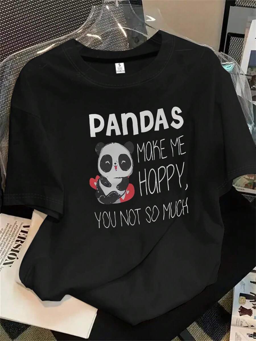 Camiseta de manga corta con cuello redondo y estampado de panda para mujer, ideal para todas las estaciones. - Negro - Ver 1