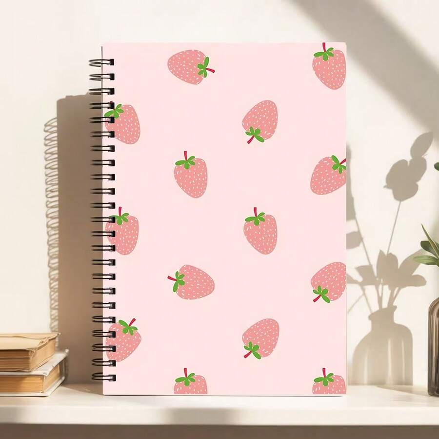 Cuaderno espiral de fresa rosa lindo - Diario con líneas universitarias con papel de alta calidad, portátil para tomar notas, estudiar & escritura creativa - Ideal para estudiantes & profesionales, cuadernos para la escuela, notas de estudio, diseño lúdico, duradero - G - Ver 1