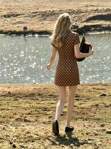 Vestido mini de verano elegante con estampado de lunares y cintura con lazo para mujer - Marrón - Ver 7