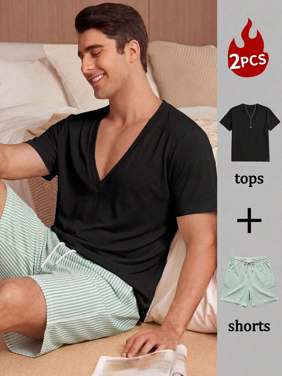 Men's Casual Striped Short Sleeve T-Shirt And Shorts 2-Piece Pajama Set, Comfortable Home Wear - Black - View 1