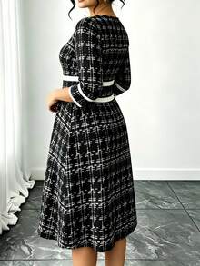 Plus Size Women Elegant Vintage Dress, Spring/Summer 3/4 Sleeve Casual Dress, Ladies Holiday Beach Outfit, Versatile Casual Dress Vacation Black - Black - View 4