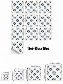Mediterranean Blue Heart Tile Pattern Peel And Stick Wallpaper Tile Stickers Waterproof Oil-Proof Wipeable No Damage No Residue Easy Install French Vintage Fresh Style Renter Friendly Kitchen Backsplash Bathroom Living Room Apartment Dorm Home Decor - FMB140 - View 2