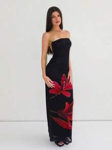 New Printed Bandeau Dress With Bows And Open Back - Black - View 2