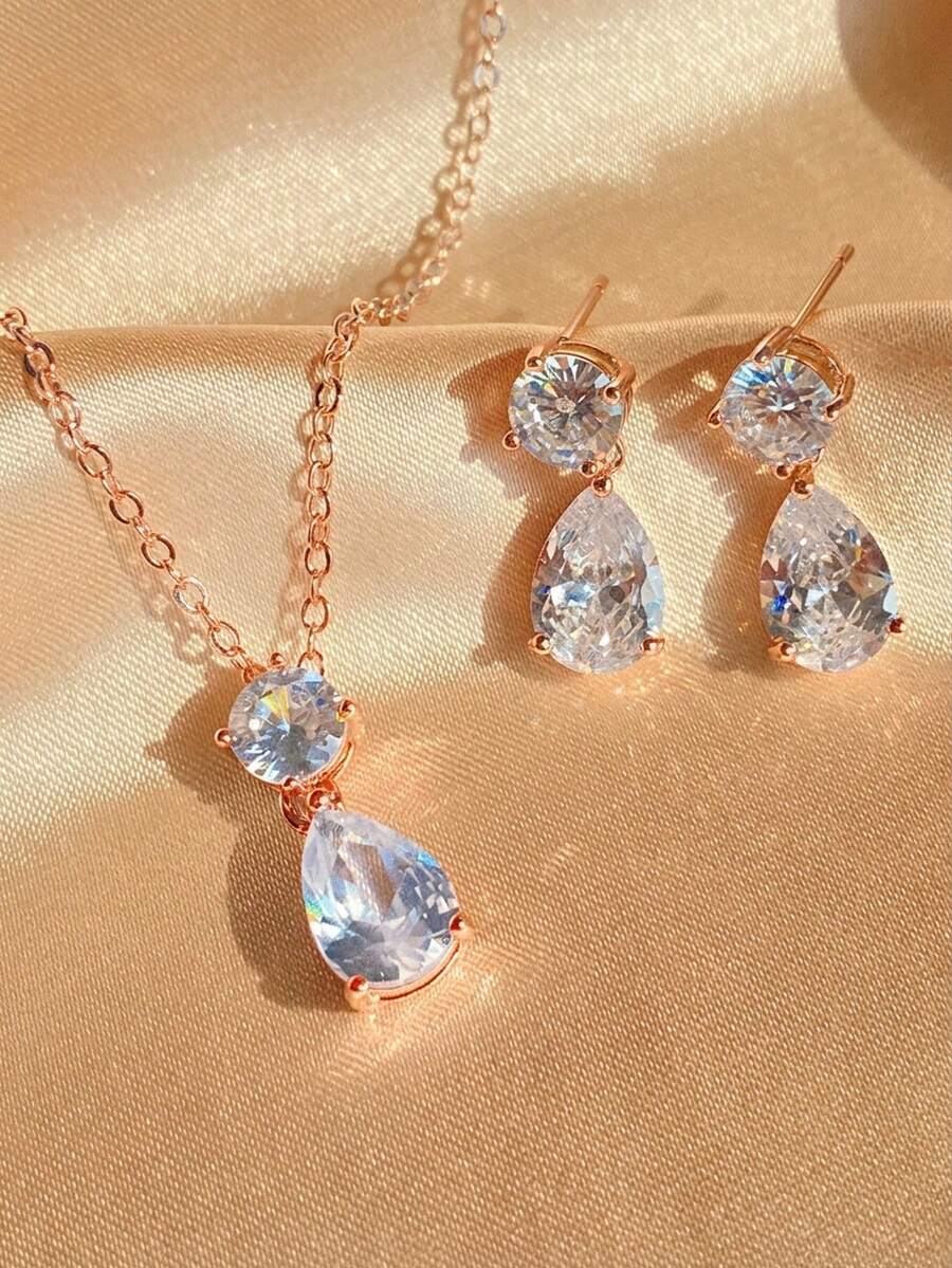 rakol 3pcs Silver Minimalist Round Cubic Zirconia Decor Women's Earrings Necklace Jewelry Set - Rose Gold - View 1