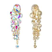 EVER FAITH Rhinestone Cristal Elegante Lágrima Gota de Agua Nupcial Boda Clip on Aretes - Transparente iridiscente AB tono dorado - Ver 7
