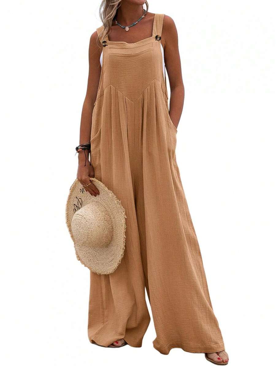 Womens Fashion Solid Color Jumpsuit Casual Button Wide Leg Suspender Overalls With Pockets - 芥末黃 - 查看 1