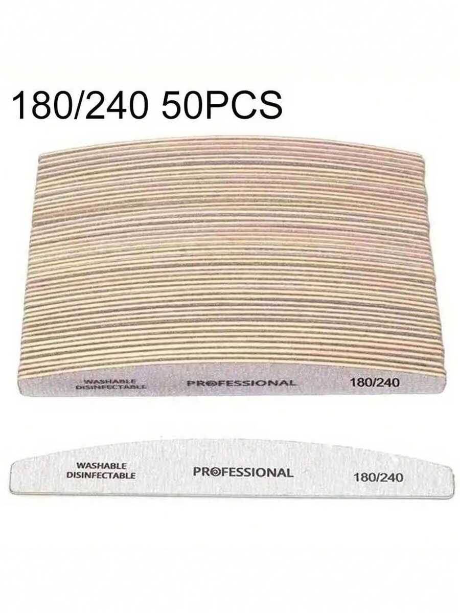 50pcs 180/240 Grit Double-Sided Nail Files, Washable, Reusable, Suitable For Natural And Acrylic Nails, Home And Nail Salon Use - Grey - View 1