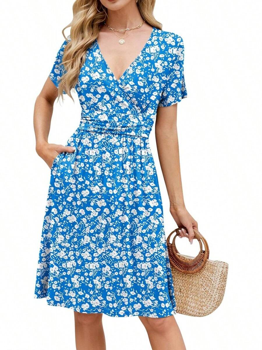 Womens Summer Dresses For Women 2026 Spring Floral Sundress Short Sleeve V Neck Wrap Dress With Pockets Festival Outfits Elegant Dress For Women Dress For Women - 06 藍色花卉 - 查看 1
