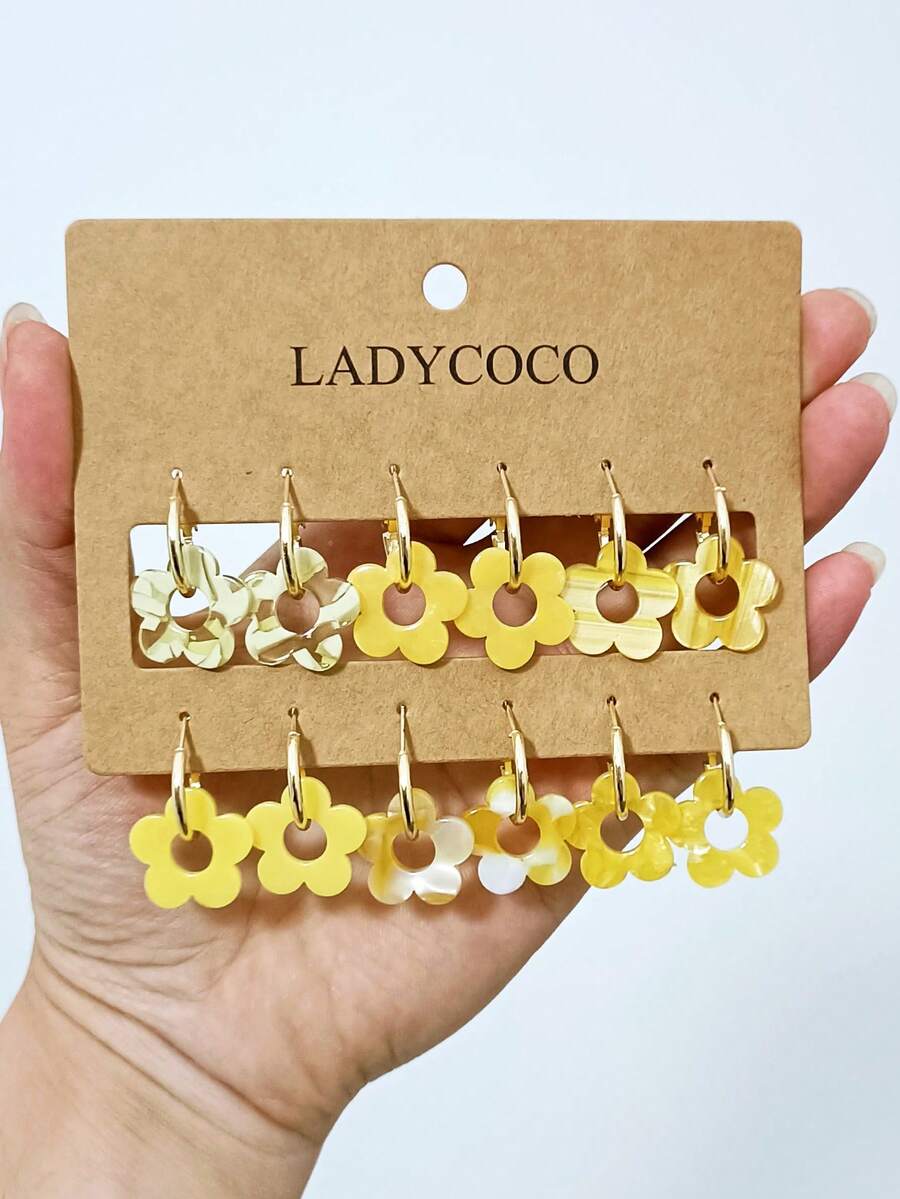 LADYCOCO 6 Pairs Fashionable Cute Yellow Series Acrylic Floral Pendant Earrings Set, Suitable For Women To Wear, Dating, Party, Gift, Clover