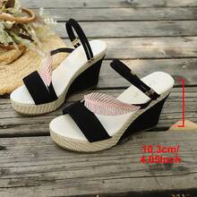 Women's Rhinestone Leaf Decor Straw Wedge Sandals, Open Toe Elastic Ankle Strap Thick Sole High Heels, Casual Summer Beach Vacation Shoes - Black - View 7