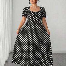 dahkjdgajy  Vestido de manga corta con cuello de mariposa con lazo y estampado de lunares elegante y vintage para mujer de talla grande, primavera/verano - Azul marino - Ver 6