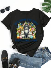 Women's Pure Cotton Short Sleeve T-Shirt Cute Cat & Bunny Floral Print Casual Top Men's Style Relaxed Fit European Easter Holiday Gift Summer Fashion Graphic Tee Breathable Comfortable Daily Wear Loose Fit Lightweight Soft Fabric Vacation Outfit  2026 - Schwarz - Übersicht 5