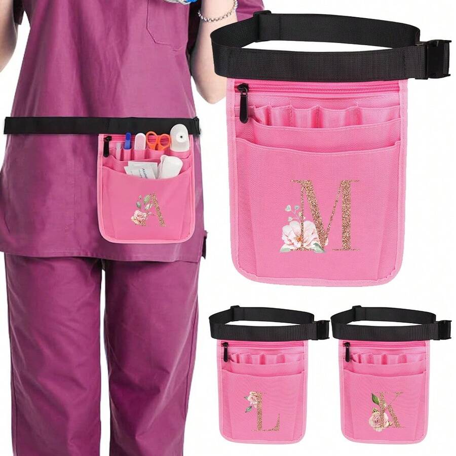 1pc Nursing Tool Waist Bag Nurse Medical Bag Rose Gold Initials A To Z Letter Pattern Multifunctional Adjustable Multi-Insert Bag, Pet Medical Care Bao Universal Multi Pocket Nurse Fanny Pack Multi Pocket Waist Organizer Belt With Adjustable Waist Strap Work Pocket Medical Supplies Storage Waist Pouch Organizer Pouch - Pink - View 1
