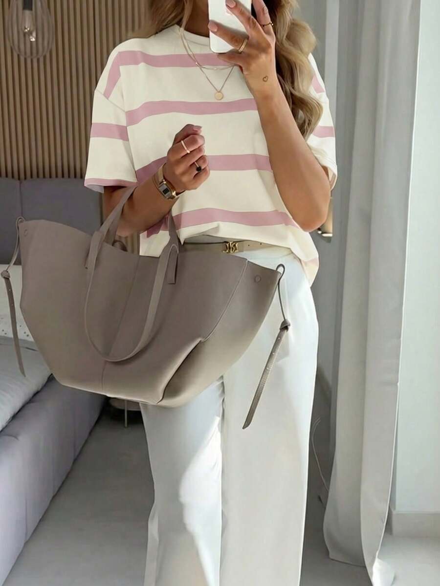Top de manga corta holgado con rayas, estilo informal coreano para primavera y verano - Rosa - Ver 1