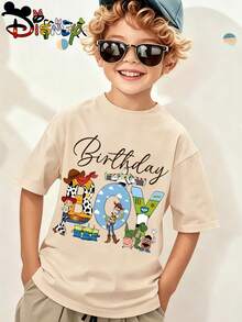 Disney Licensed Toy Story "Birthday Boy" Character Fill Print Kids' T-Shirt, Short-Sleeved Casual Top, Cute Themed Printed Tee, Perfect For Daily Wear, School Activities, Family Outings, Theme Park Visits And Holiday Gifts, Shipped From Local Warehouse - Màu be - Xem 1