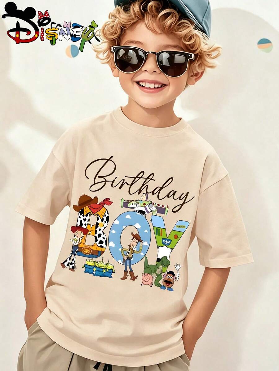 Disney Licensed Toy Story "Birthday Boy" Character Fill Print Kids' T-Shirt, Short-Sleeved Casual Top, Cute Themed Printed Tee, Perfect For Daily Wear, School Activities, Family Outings, Theme Park Visits And Holiday Gifts, Shipped From Local Warehouse - Màu be - Xem 1