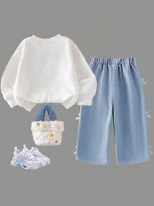 Baby Girl Ribbon Bow Decorated Round Neck Long Sleeve Top And Long Pants - White - View 3