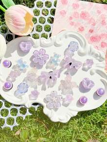 20pcs Transparent Purple Glitter Resin Shoe Charms, Bowknot Bear Heart Flower Detachable DIY Accessories, Fit Sandals Perforated Slides Ankle Boots, Holiday Gift - Purple - View 3