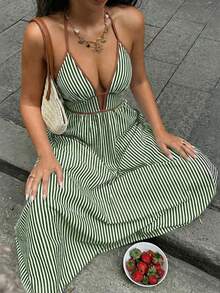Halter Neck Striped Backless Dress Available In Multiple Colors - Dark Green - View 6