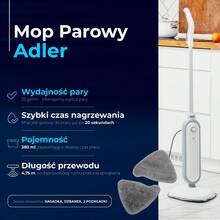 Adler Steam Mop Floor Steam Mop Chemical-Free Floor Cleaner 1300W 25g/Min 20sec Heat-Up 380ml Water Tank 4.75m Cord Carpet Glider Washable Pads Included - EU E Type Plug(220-240V) - View 8