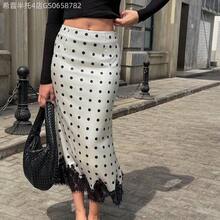 Fengyu Women's Clothing Store Falda de mujer elegante, versátil y de moda con contraste de encaje y lunares de satén vintage - Negro - Ver 3