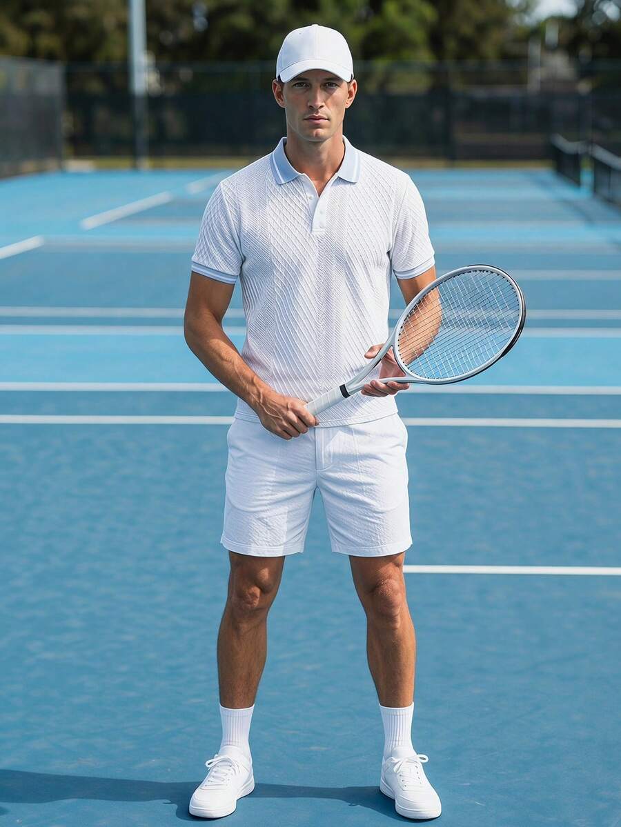 男士休閒對比色短袖 Polo 衫,純白色,夏季針織網眼透氣,翻領設計,老錢風,日常休閒 - 白色 - 查看 1