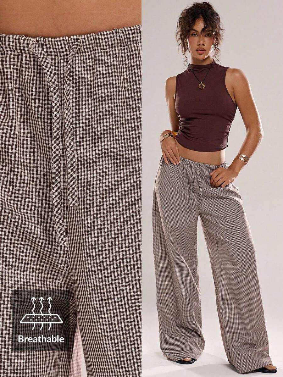 Women's Solid Color Casual Everyday Pants With Drawstring Waist - Brown - View 1