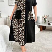 dagjydgfyja  Bata de dormir maxi holgada informal con cuello en V, manga corta, estampado de leopardo y bloque de color - Azul marino - Ver 6