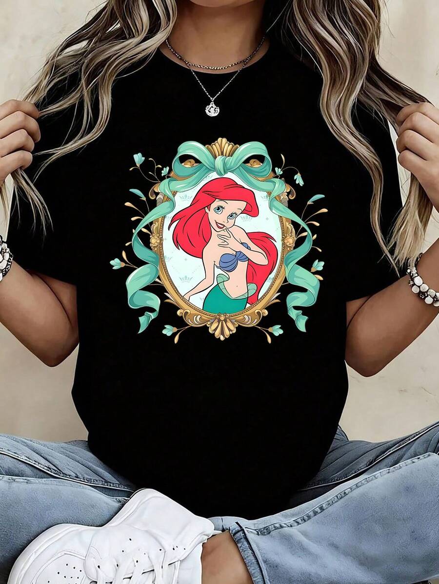 DISNEY Women's T-Shirt " Ariel" – New 2026 Short-Sleeve Top With Iconic Print, Round-Neck Casual Blouse, Suitable For Spring And Summer Outfits, Vacation And Beachwear, Everyday Wear And Themed Outfits (Machine Washable) - 黑色 - 查看 1