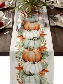 Fall Harvest Pumpkins Maple Leaves Table Runner Holiday Party Decor Reusable Farmhouse Autumn Kitchen Dining Table Runner Thanksgiving Decorations - Multicolor - View 6