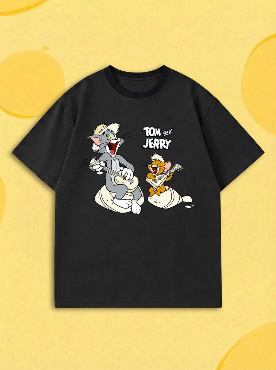 SHEIN X Tom & Jerry 夏季女款短袖T恤，經典卡通角色音樂主題趣味印花搭配品牌字母設計，休閒風 - 黑色 - 查看 1