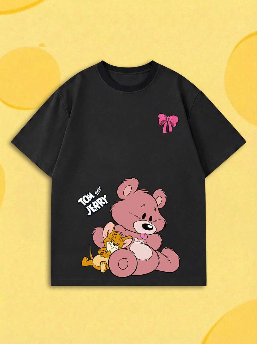 SHEIN X Tom & Jerry 女款酷短袖T恤,熊抱印花圓領上衣,寬鬆修身深色甜美風T恤,獨特風格休閒黑色 - 黑色 - 查看 1