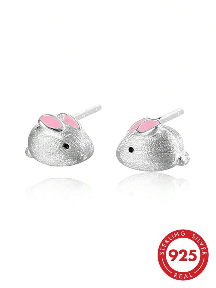 HuooNew 1 Pair 925 Sterling Silver Cute Rabbit Stud Earrings, Delicate 3D Rabbit Animal Earrings, Hypoallergenic Silver Jewelry, Suitable For Women, Perfect Gift - Silver - View 1