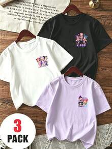 3pcs/Set Young Girl Casual Funny Print Round Neck Short Sleeve T-Shirt, Summer Top - White - View 2