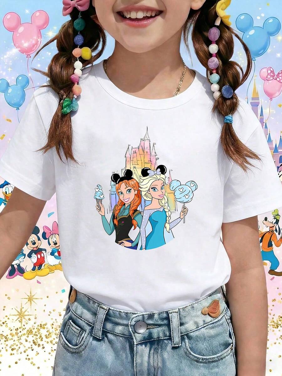 Disney Frozen Anna & Elsa Castle Kids T-Shirt. This Summer Top Features A Layered Print Design, Making It Cute And Playful. The Short Sleeves Add A Casual And Adorable Touch, Making It An Ideal Choice For Children's Clothing. Comfortable And Breathable, This T-Shirt Is Suitable For Various Occasions. Made From 180g Fabric, It's Lightweight And Comfortable, And The Classic Print Makes It Easy To Style. Suitable For Both Boys And Girls. - trắng - Xem 1