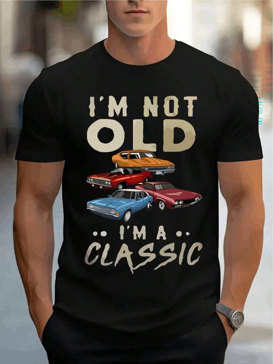 I'm Not An Old Man, I'm A Classic Men's Pattern Print T-Shirt, Casual Short Sleeve T-Shirt, 1 Piece, % Heavy Cotton - Comfortable Round Neck, Soft And Attractive T-Shirt. - 黑色 - 查看 1