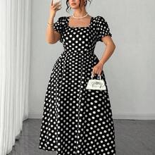 dahkjdgajy  Vestido de manga corta con cuello de mariposa con lazo y estampado de lunares elegante y vintage para mujer de talla grande, primavera/verano - Azul marino - Ver 4