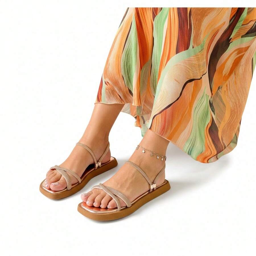 Sandália Papete Flat Rasteirinha Feminina Tiras Pedrarias Strass Brilho Leve Antiderrapante - Nude/Dourada - Visão 1