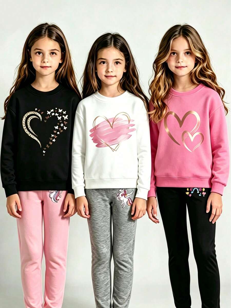 Set de 3 sudaderas de cuello redondo cálidas con estampado de corazón para niños pequeños - Multicolor - Ver 1