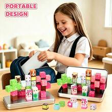 Juego de 35 piezas de bloques magnéticos cúbicos con caja de hierro portátil, bloques magnéticos DIY de ensamblaje libre para niños de 3+ años, juguetes educativos de educación temprana para niños y niñas, entrenamiento de concentración para bebés, modelo de ensamblaje hecho a mano, opción de regalo de cumpleaños y vacaciones, bloques magnéticos de viaje - Multicolor - Ver 3