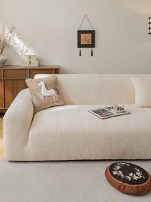1pc Jacquard Sofa Cover, Plush Fabric Multi-Purpose Full Coverage Sofa Protector, Holiday Decor Stretch Fitted Sofa Slipcover, Suitable For 1/2/3/4 Seater Combination Sofa And Straight Sofa - Beige - View 3