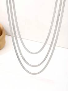 1pc Elegant Triple Layer Flat Fishbone Chain Necklace, Layered Neck Accessory, Suitable For Casual And Date Occasions - Silver - View 3