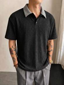 1 peça Camisa Polo Masculina com Patchwork em Padrão Pied-de-Poule, em Malha Fina, Corte Largo, Confortável, Respirável, Anti-Bolinhas, Estilo Vintage Maduro, Adequada para Deslocações Diárias, Encontros de Negócios e Outras Ocasiões - Preto - Ver 2