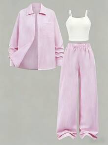 Teen Girls 3pcs Fashion Shirt & Pants Set, Striped Shirt, Suitable For Spring/Autumn Young Girls Outfit - Pink - View 10