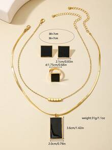5pcs/Set Fashionable European And American Party Style Metal Geometric Black Square Stackable Earrings, Necklace, Ring Jewelry Set - Black - View 2