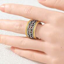 Two-Tone Hollow Carved Wide Ring, Bohemian Style, Vacation Retro Niche Accessory - Silver - View 2