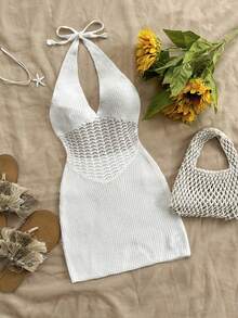 Holiday Halter Backless Knit Dress With Bodycon Fit And Neck Tie - White - View 2