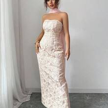 dahkjdgajy  Vestido  con cintura ceñida, escote sin tirantes, cuello con lazo, de tela jacquard con estampado floral rosa y dorado, elegante y romántico, adecuado para citas, compras, festivales de música y talla grande, primavera/verano - Azul - Ver 7