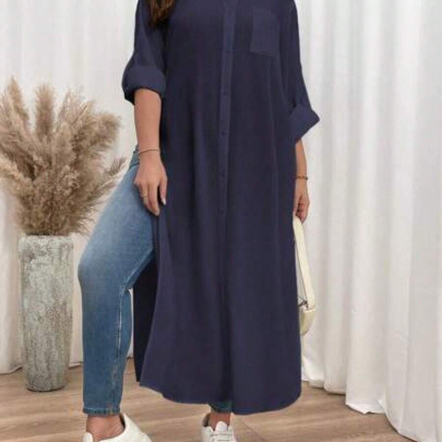 dahkjdgajy Shapeblank Vestido camisa de talla grande para otoño, conjunto de ropa de mujer para otoño con vestido camisa de manga larga, blusa de otoño para mujer, camisas con botones para mujer de estilo informal y formal, camisas con cuello para mujer para uso en la oficina, blusas de manga larga para mujer, disfraces calados - Azul marino - Ver 1